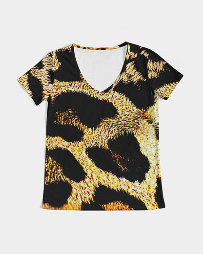 Primal Elegance: Golden Leopard Abstract V-neck T-shirt