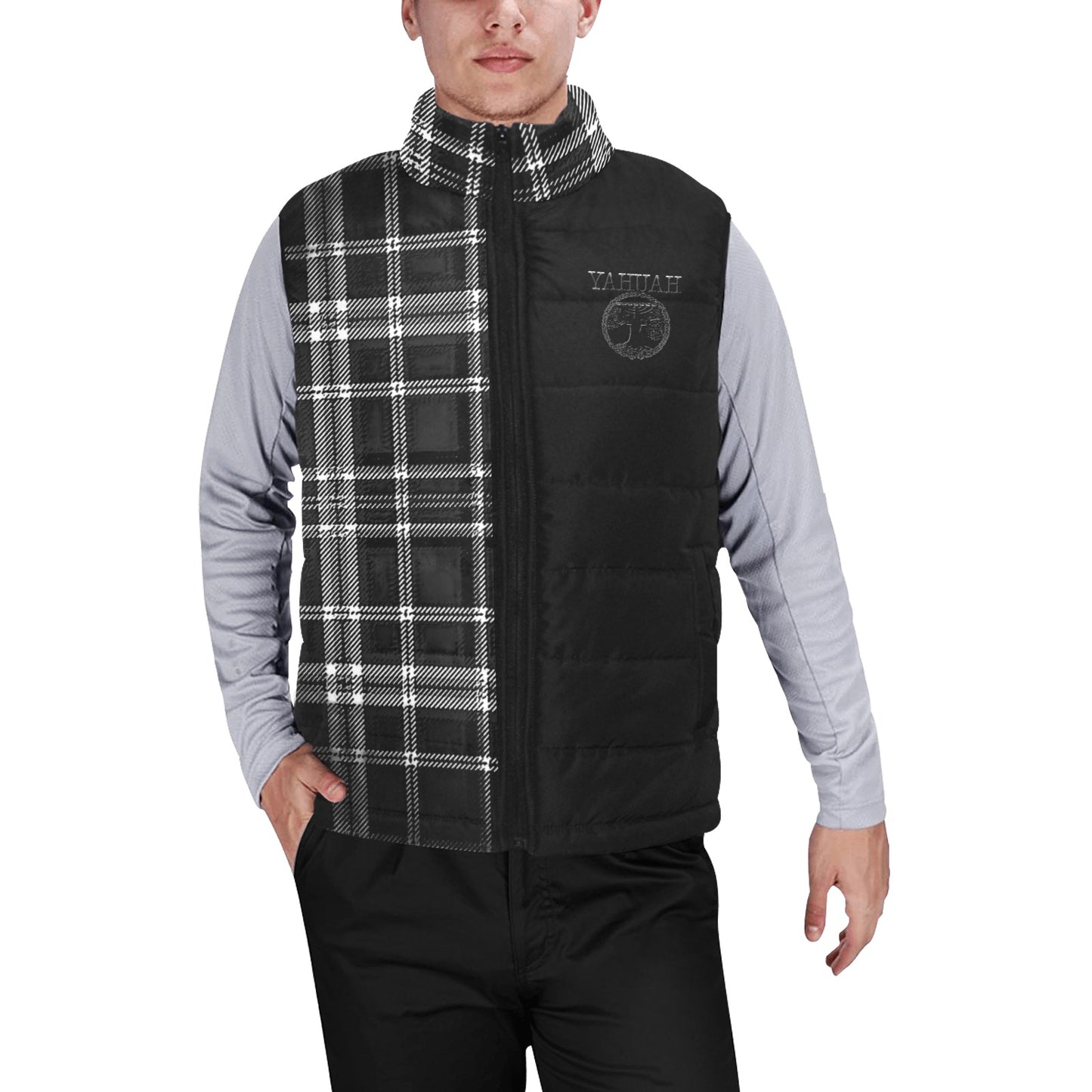 Yahuah-Tree of Life 02-04 + Digital Plaid 01-06A Men's Designer Puffer Vest