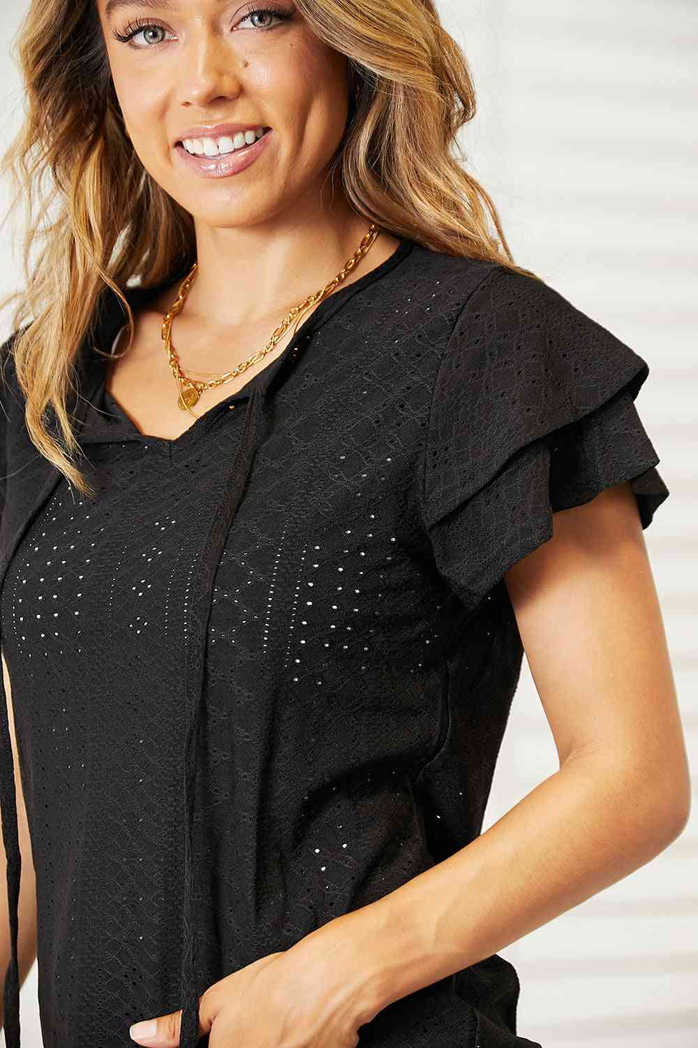 Eyelet Tie Neck Flutter Sleeve Blouse, Black