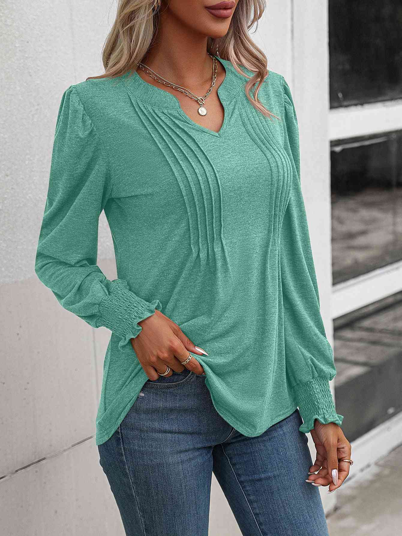 Ruched Notch Neck Puff Sleeve Smocked Blouse (6 colors)