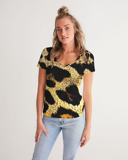 Primal Elegance: Golden Leopard Abstract V-neck T-shirt