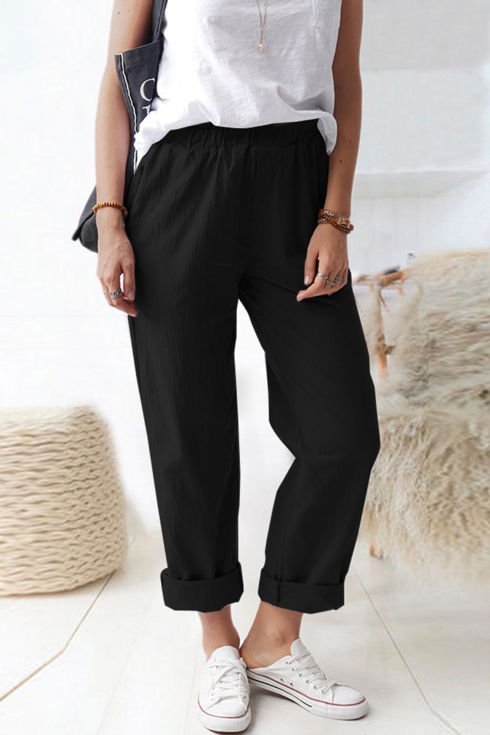 Paperbag Waist Pants with Pockets (Black/Khaki)