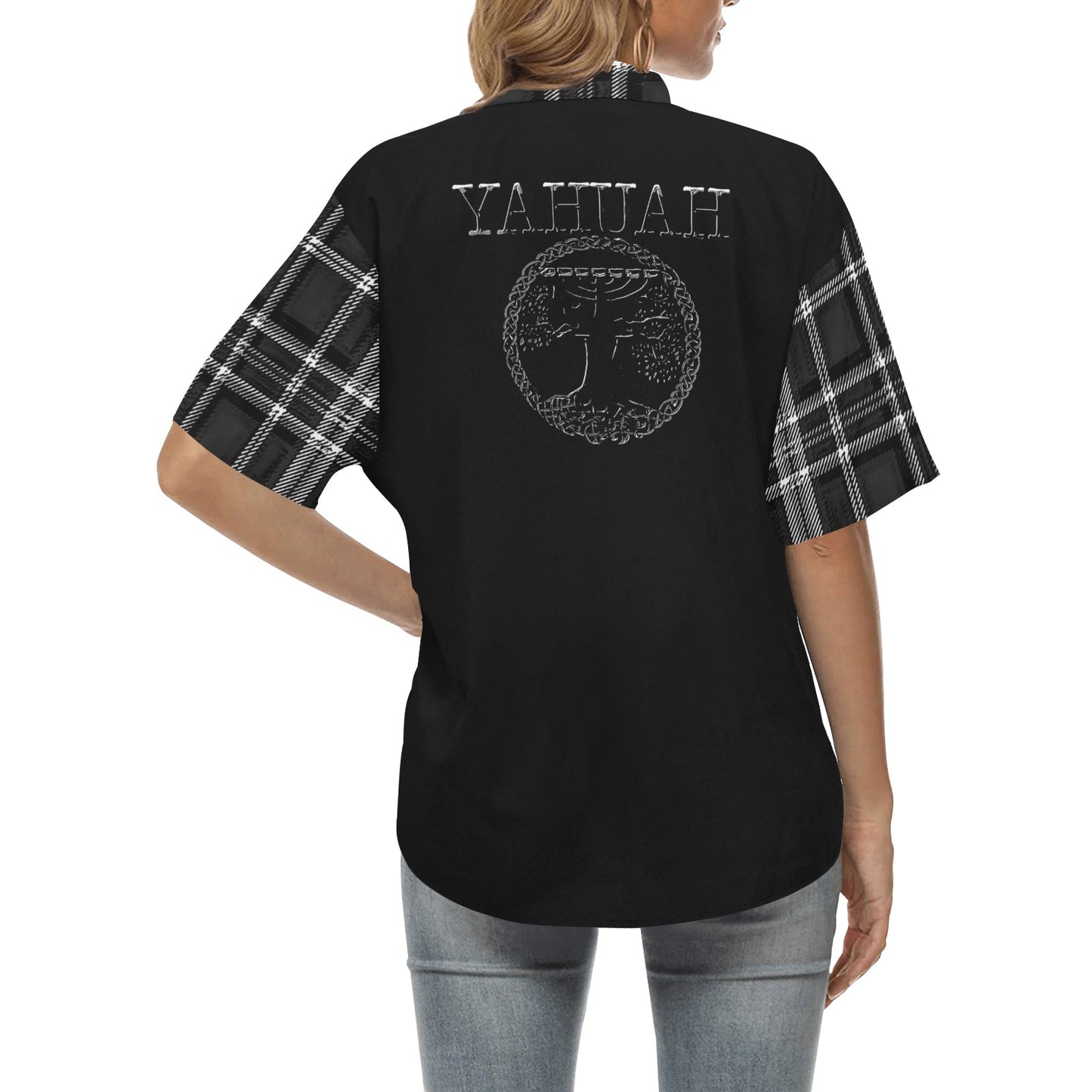 Yahuah-Tree of Life 02-04 + Digital Plaid 01-06A Ladies Designer Short Sleeve Button Up Blouse with Side Slits