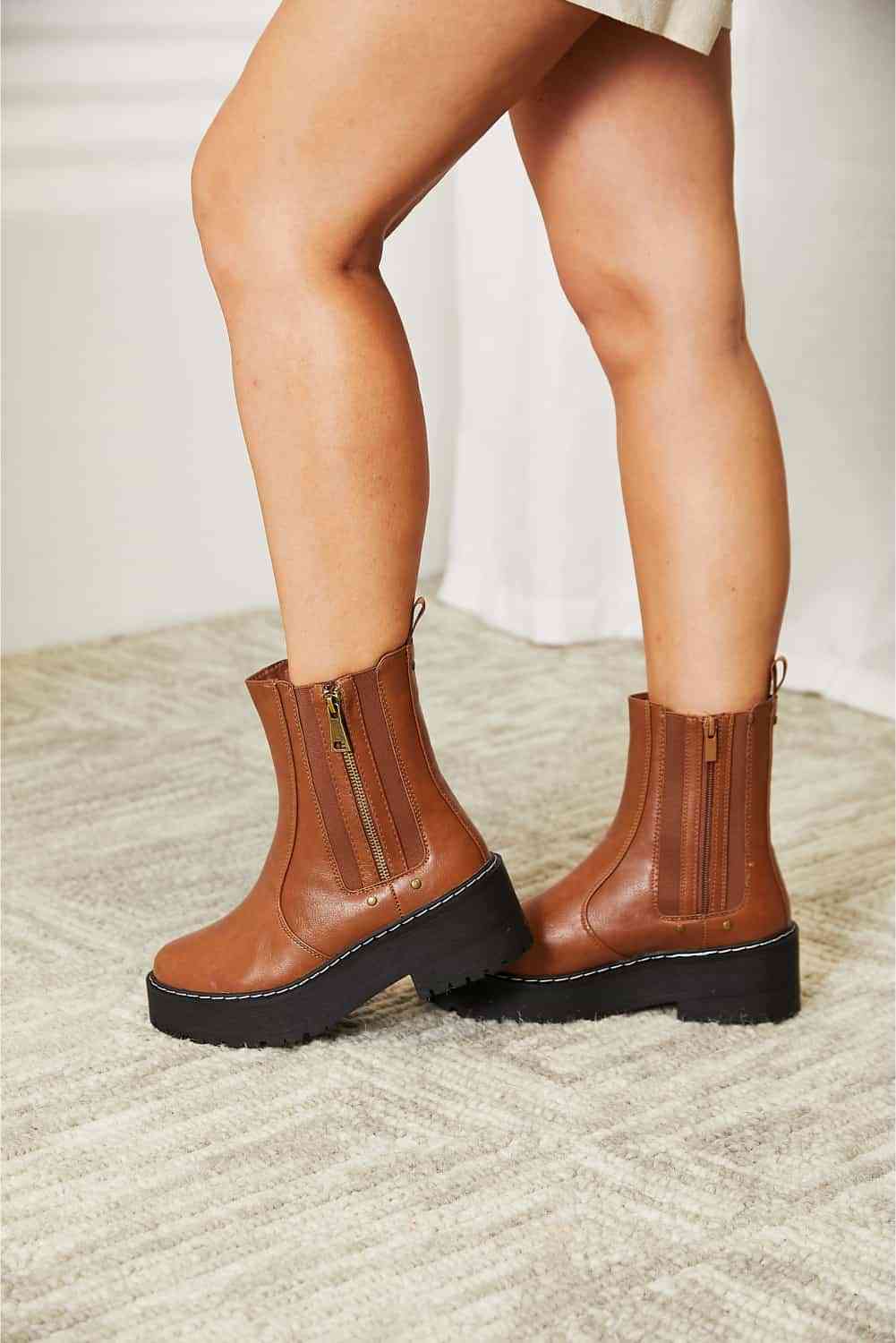 Forever Link Side Zip Platform Boots, Chestnut Color