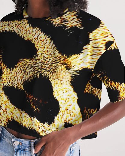 Primal Elegance: Golden Leopard Abstract Drop Shoulder Raw Hem Crop Top
