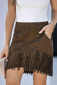 Fringe Detail Zip-Back Mini Skirt with Pockets (Black/Brown/Pink)