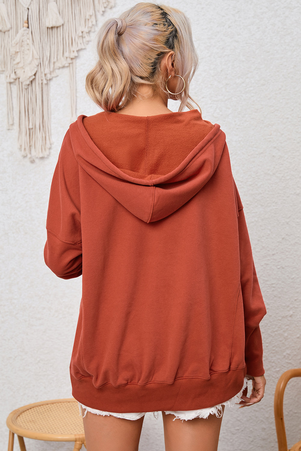 Brick Red Color Drop Shoulder Half Button Pullover Hoodie