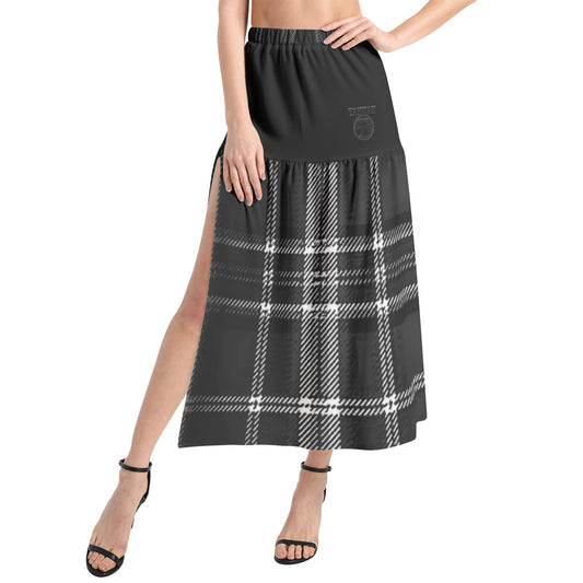 Yahuah-Tree of Life 02-04 + Digital Plaid 01-06A Designer Elastic Waist Ruffle Slit Hem Flare  Maxi Skirt