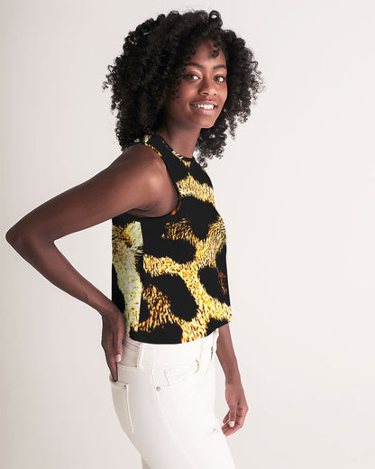 Primal Elegance: Golden Leopard Abstract Sleeveless Crop Top