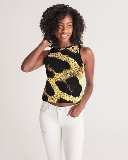 Primal Elegance: Golden Leopard Abstract Sleeveless Crop Top