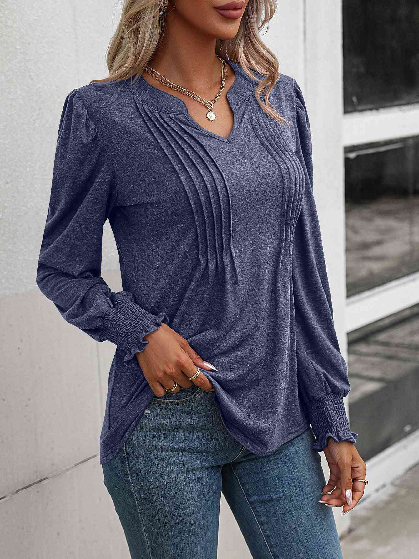 Ruched Notch Neck Puff Sleeve Smocked Blouse (6 colors)